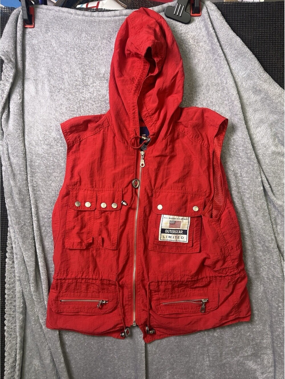 Y2K Limited America Red Cargo Utility Vest Hooded Gorpcore Fishing Womens L
